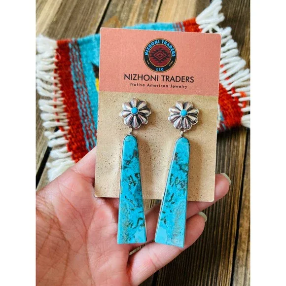 Navajo Sterling Silver & Turquoise Slab Concho Dangle Earrings